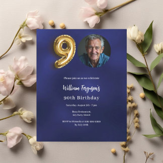 Navy Blue Gold Foto Einladung zum 90. Geburtstag