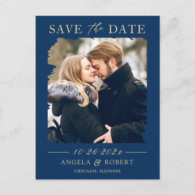 Navy Blue Gold Foto Frame Save the Date Postkarte (Vorderseite)