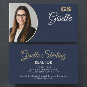 Navy Blue Gold Foto Monogram Luxury Realtor Visitenkarte