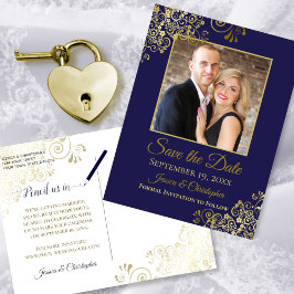 Navy Blue Gold Frills Foto Save the Date Hochzeit Ankündigungspostkarte