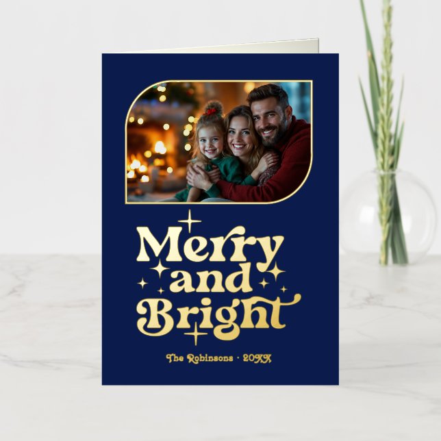 Navy Blue & Gold Frohe und helles Foto Weihnachten (Vorderseite)