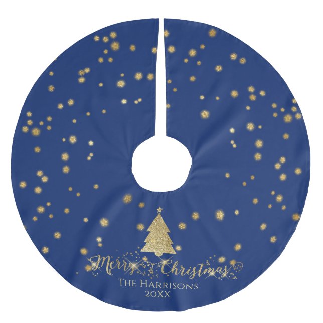 Navy Blue Gold Frohe Weihnachtsbaum Glitzern Polyester Weihnachtsbaumdecke (Vorderseite)