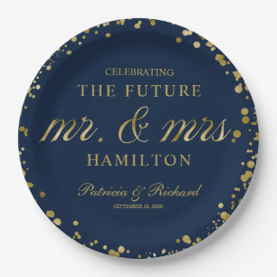 Navy Blue Gold Future Mr. und Mrs. Engagement Part Pappteller