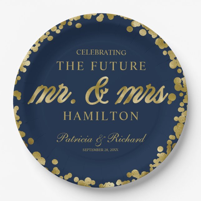 Navy Blue Gold Future Mr. und Mrs. Engagement Part Pappteller (Vorderseite)