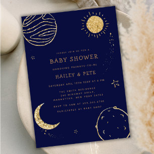 Navy Blue Gold Galaxy Moon Star Boy Baby Dusche Einladung