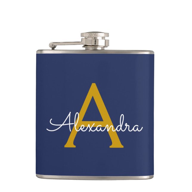 Navy Blue Gold Girl Script Monogram Name Modern Flachmann (Vorderseite)