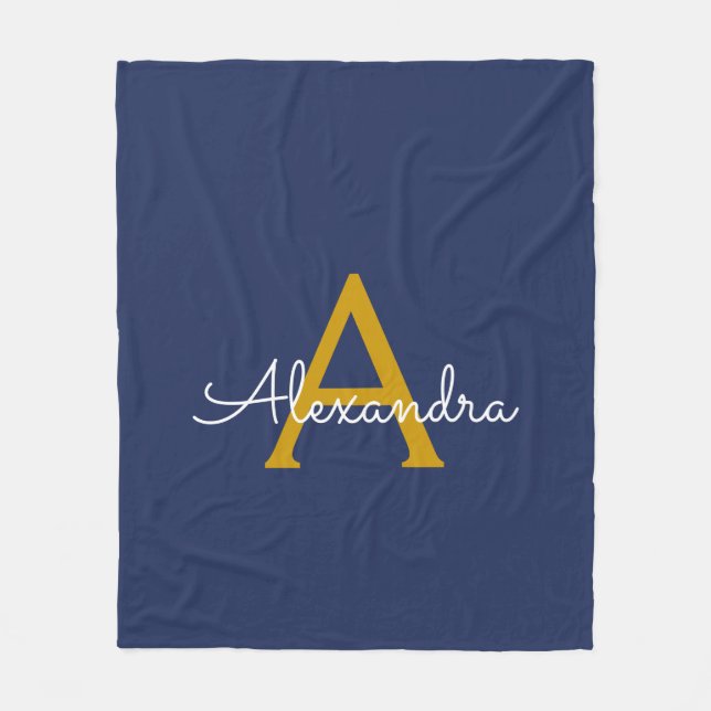 Navy Blue Gold Girl Script Monogram Name Modern Fleecedecke (Vorderseite)