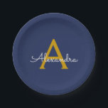 Navy Blue Gold Girl Script Monogram Name Modern Pappteller<br><div class="desc">Gold und Navy Blue Monogram Fügen Sie Ihren eigenen Namen Script Party Teller. Das macht den perfekten 16 Geburtstag,  Hochzeit,  Brautparty,  Jubiläum,  Babydusche oder Junggeselinnen-Abschied Geschenk für jemanden,  der Lieben glamourösen Luxus und schicke Stile.</div>