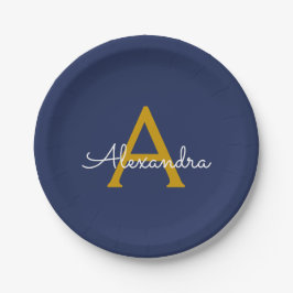 Navy Blue Gold Girl Script Monogram Name Modern Pappteller