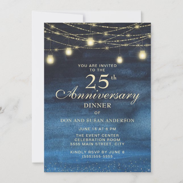 Navy Blue Gold Glitzer 25. Hochzeitstag Einladung (Vorderseite)
