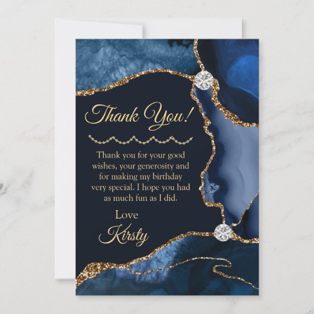 Navy Blue Gold Glitzer Agate Birthday Dankeskarte (Vorderseite)