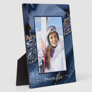 Navy Blue Gold Glitzer Agate Elegantes Name Foto Fotoplatte