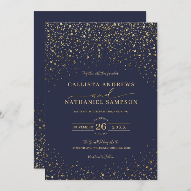 Navy Blue Gold Glitzer Confetti Wedding Einladung (Vorne/Hinten)