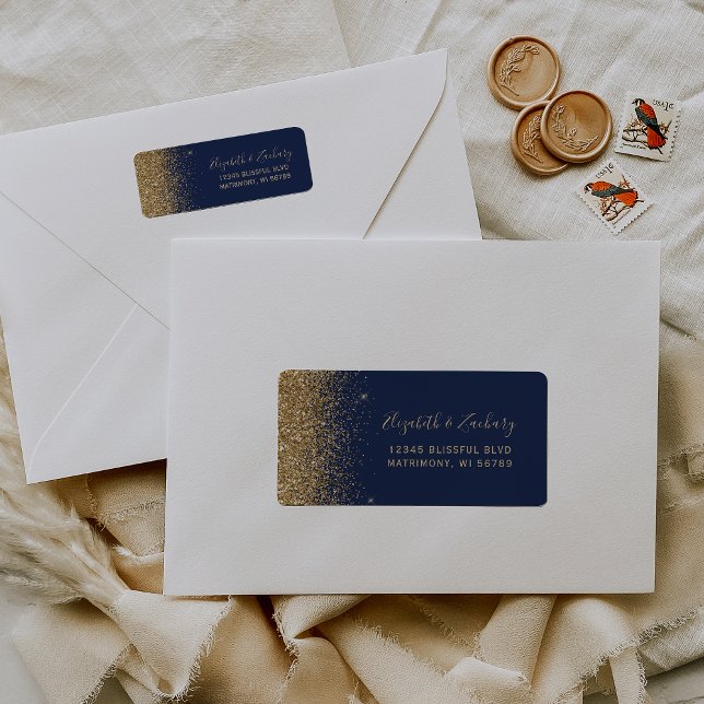 Navy Blue Gold Glitzer Edge Wedding Rücksendeadres (Von Creator hochgeladen)