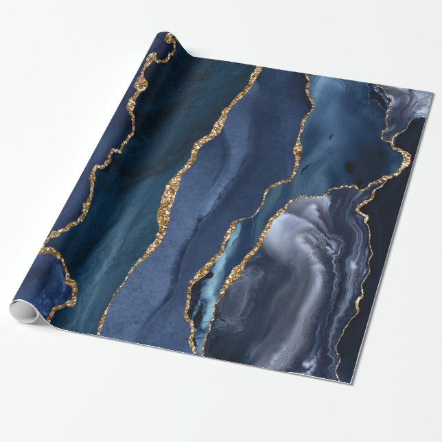 Navy Blue Gold Glitzer Foil Marble Geode Agate Geschenkpapier (Ungerollt)
