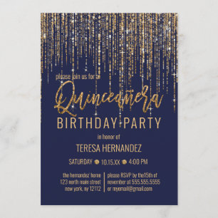 Navy Blue Gold Glitzer Fringe Vorhang Quinceañera Einladung