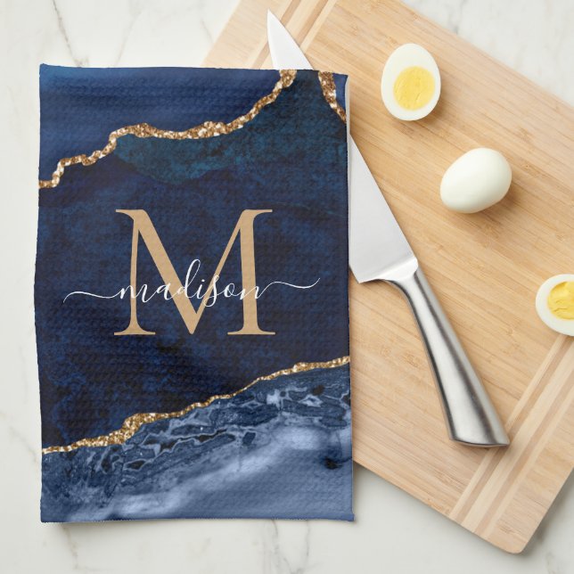 Navy Blue Gold Glitzer Geode Marble Chic Monogram Geschirrtuch (Viertel Falte)