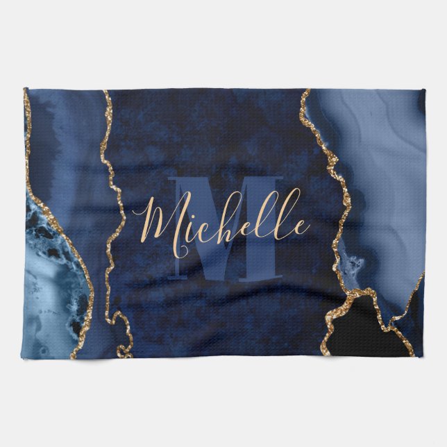 Navy Blue & Gold Glitzer Marble Agate Monogram Geschirrtuch (Horizontal)