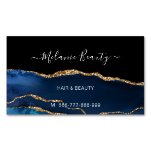 Navy Blue Gold Glitzer Marble Business Card Magnet