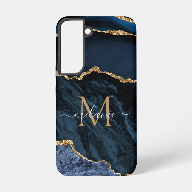 Navy Blue Gold Glitzer Marble Monogram Individuell Samsung Galaxy Hülle (Rückseite)