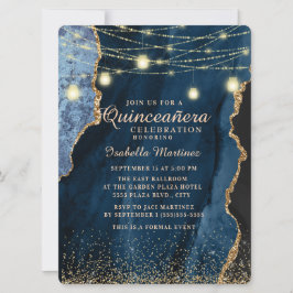 Navy Blue Gold Glitzer String Lights Quinceñera Einladung