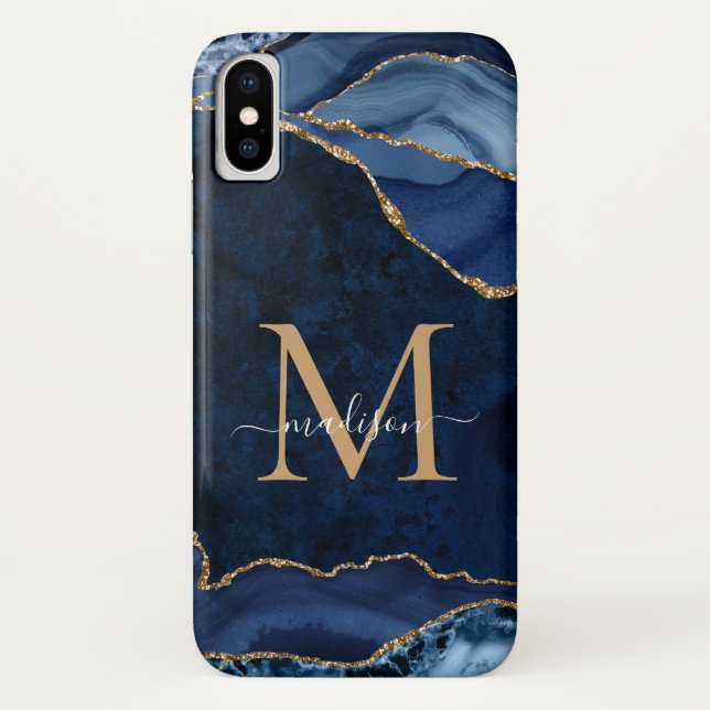 Navy Blue Gold Glitzern Agate Gemstone Monogram Case-Mate iPhone Hülle (Rückseite)