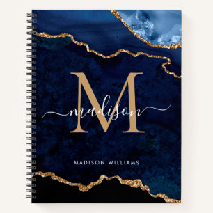 Navy Blue Gold Glitzern Agate Geode Monogram Notizbuch