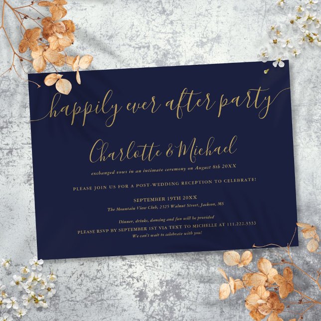 Navy Blue Gold glücklich je nach Party Hochzeit Einladung (Navy Blue Gold Happily Ever After Party Wedding Invitation)
