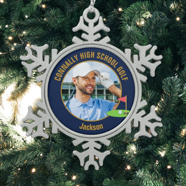 Navy Blue Gold Golfer Photo High School Golf Team Schneeflocken Zinn-Ornament (Von Creator hochgeladen)