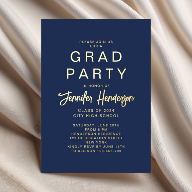 Navy Blue Gold Graduation Party Folieneinladung (Navy Blue Gold Graduation Party Foil Invitation)