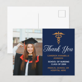 Navy Blue Gold Graduation Photo Medical Thank You Postkarte