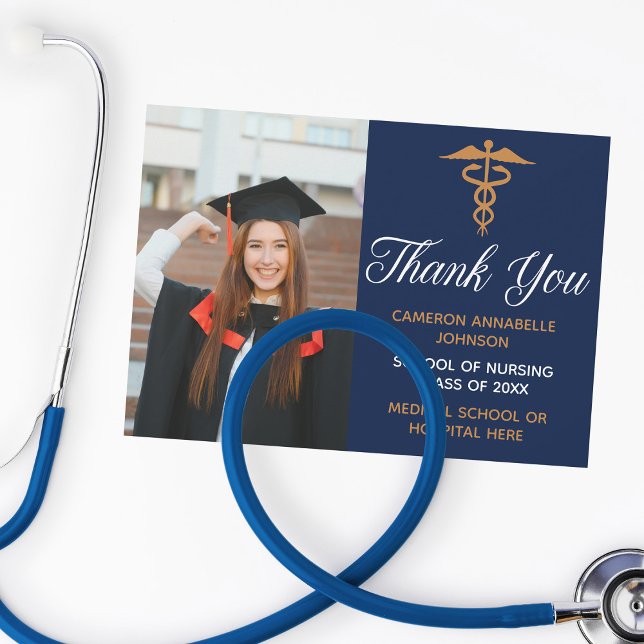 Navy Blue Gold Graduation Photo Nurse or Doctor Dankeskarte (Von Creator hochgeladen)