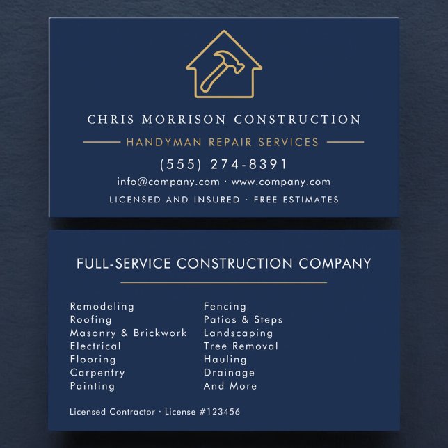 Navy Blue Gold Handyman Construction  Visitenkarte (Von Creator hochgeladen)