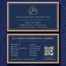 Navy Blue Gold Handyman Wood QR Code Construction Visitenkarte