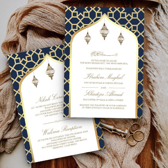 Navy Blue Gold Hanging Lanterns Muslime Hochzeit Einladung (Von Creator hochgeladen)