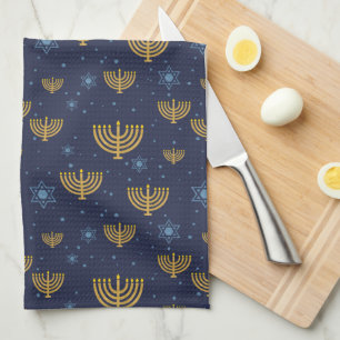 Navy Blue & Gold Hanukkah Menorah Muster Geschirrtuch