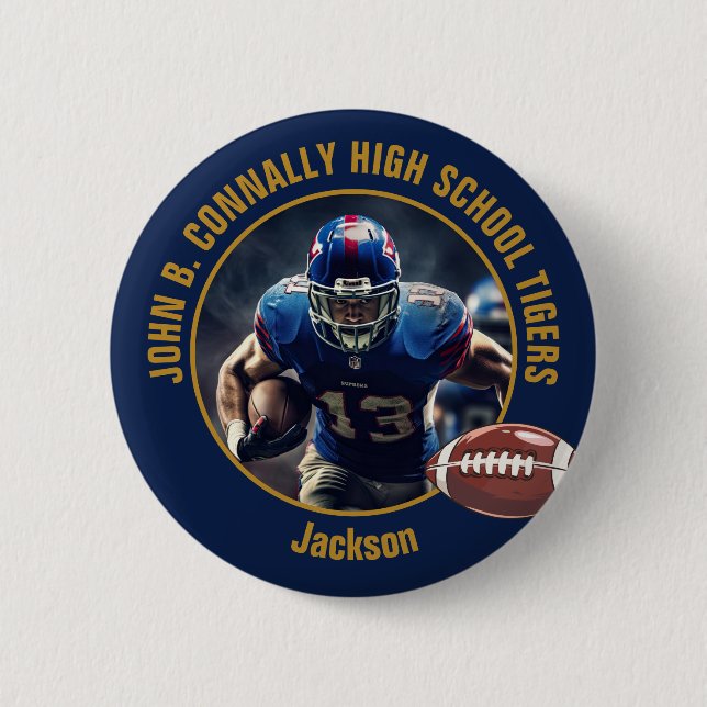 Navy Blue Gold High School Football Player Photo Button (Vorderseite)