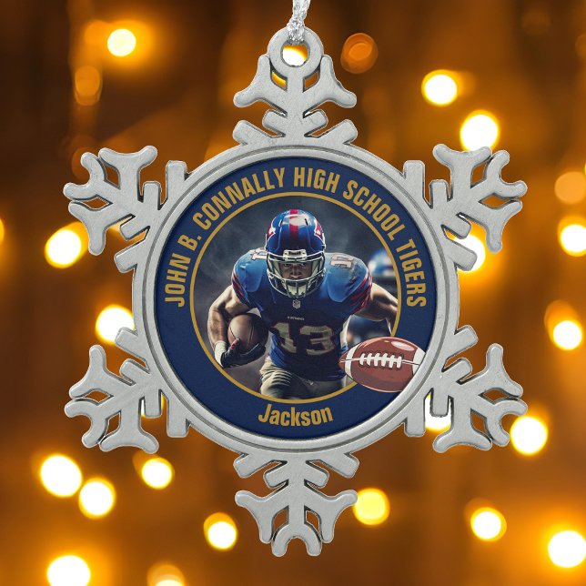 Navy Blue Gold High School Football Player Photo Schneeflocken Zinn-Ornament (Von Creator hochgeladen)