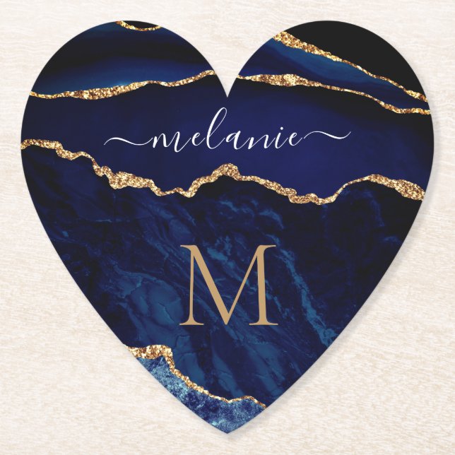Navy Blue Gold Ihr Letter Name Paper Untersetzer (Vorderseite)