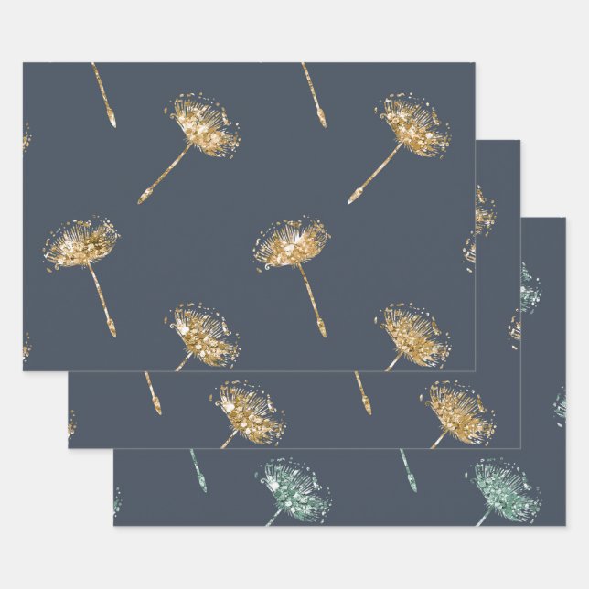 Navy Blue Gold Imitats Glitzer Dandelion Blume Geschenkpapier Set (Set)