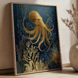 Navy Blue& Gold Kintsugi Octopus Underwater  Poster