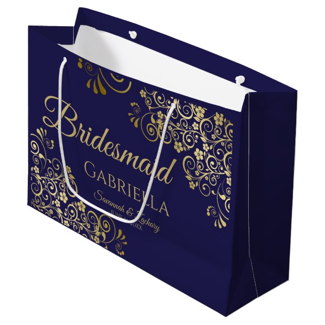 Navy Blue & Gold Lace Elegante Große Geschenktüte (Vorderseite Schrägansicht)