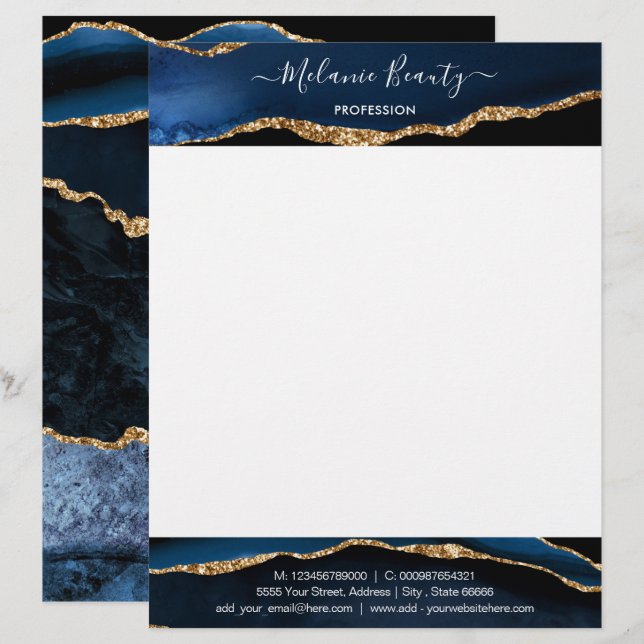 Navy Blue Gold Letterhead Personalisiert Ihr Desig Briefbogen (Vorne/Hinten)