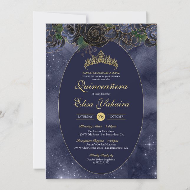 Navy Blue Gold Luxury Elegante Quinceanera Einladung (Vorderseite)