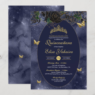 Navy Blue Gold Luxus Butterfly Quinceanera Einladung
