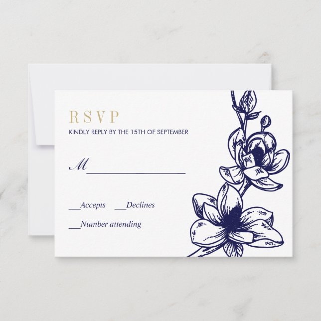 Navy Blue Gold Magnolia Blume Bloom Wedding RSVP Karte (Vorderseite)