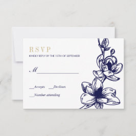 Navy Blue Gold Magnolia Blume Bloom Wedding RSVP Karte