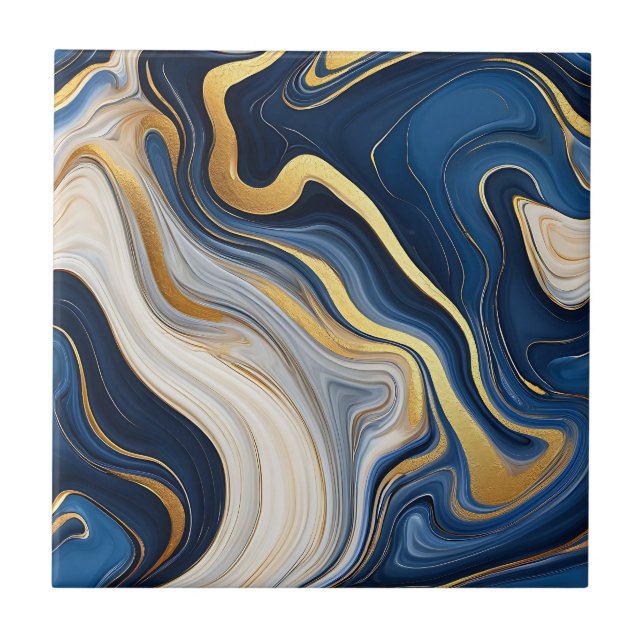 Navy Blue Gold Marble Swirls Fliese (Vorderseite)