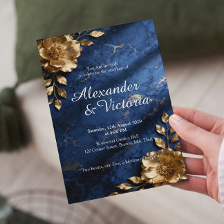 Navy Blue Gold Marble Wedding Invitation Einladung