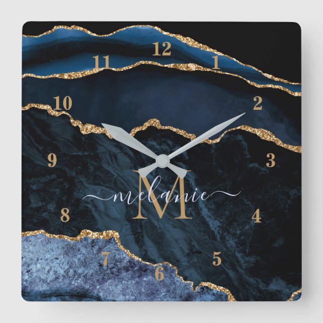 Navy Blue Gold Marmor benutzerdefinierte Buchstabe Quadratische Wanduhr (Vorderseite)